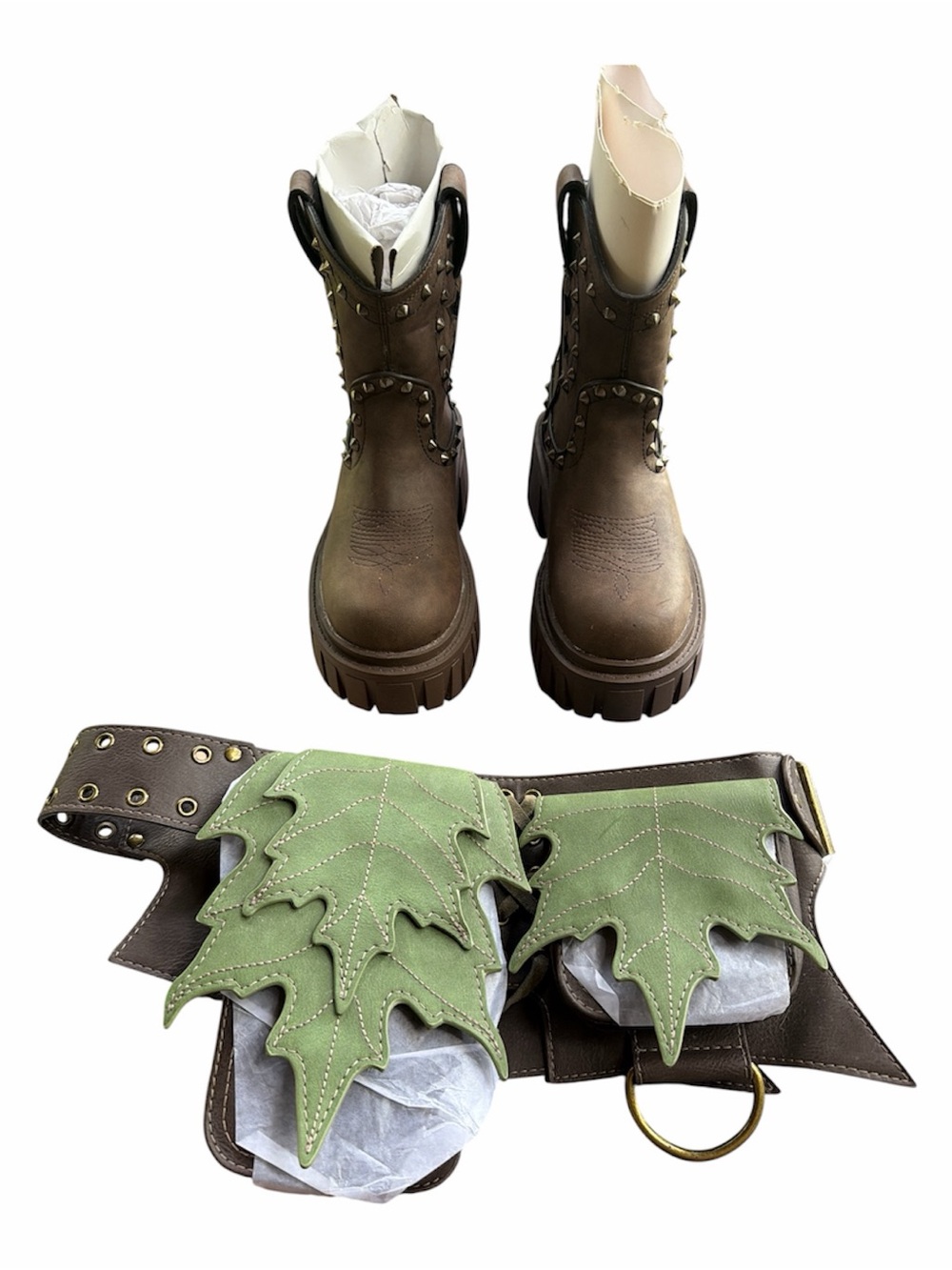 Dolls Kill Brown Platform Combat Boots with Green Leaf Accent Belt